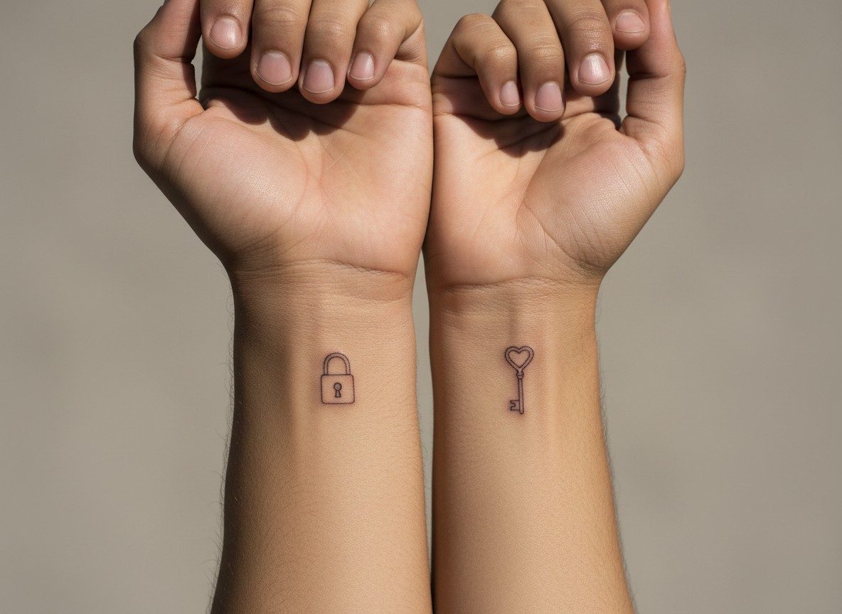 Couple tattoos: lock and key on the inner wrists side by side
