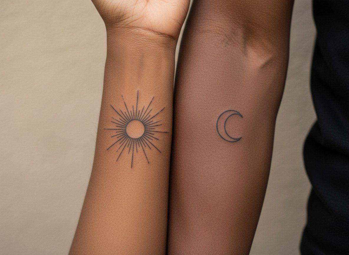 Couple tattoos: sun and moon on the forearms side by side
