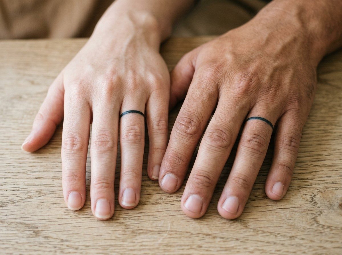 Couple tattoos: ring finger bands on the ring fingers side by side