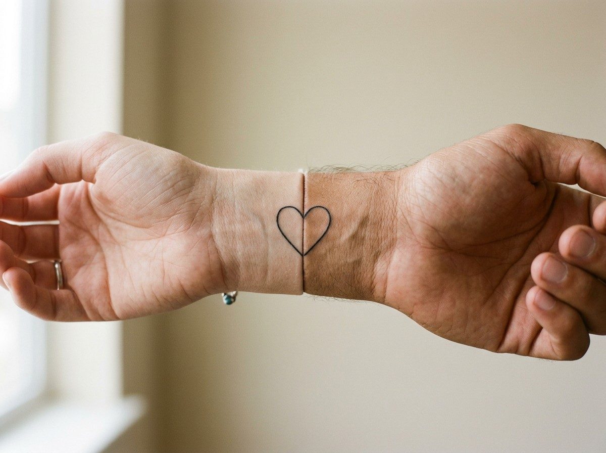 Couple tattoos: two halves of one heart on the wrists pressed together