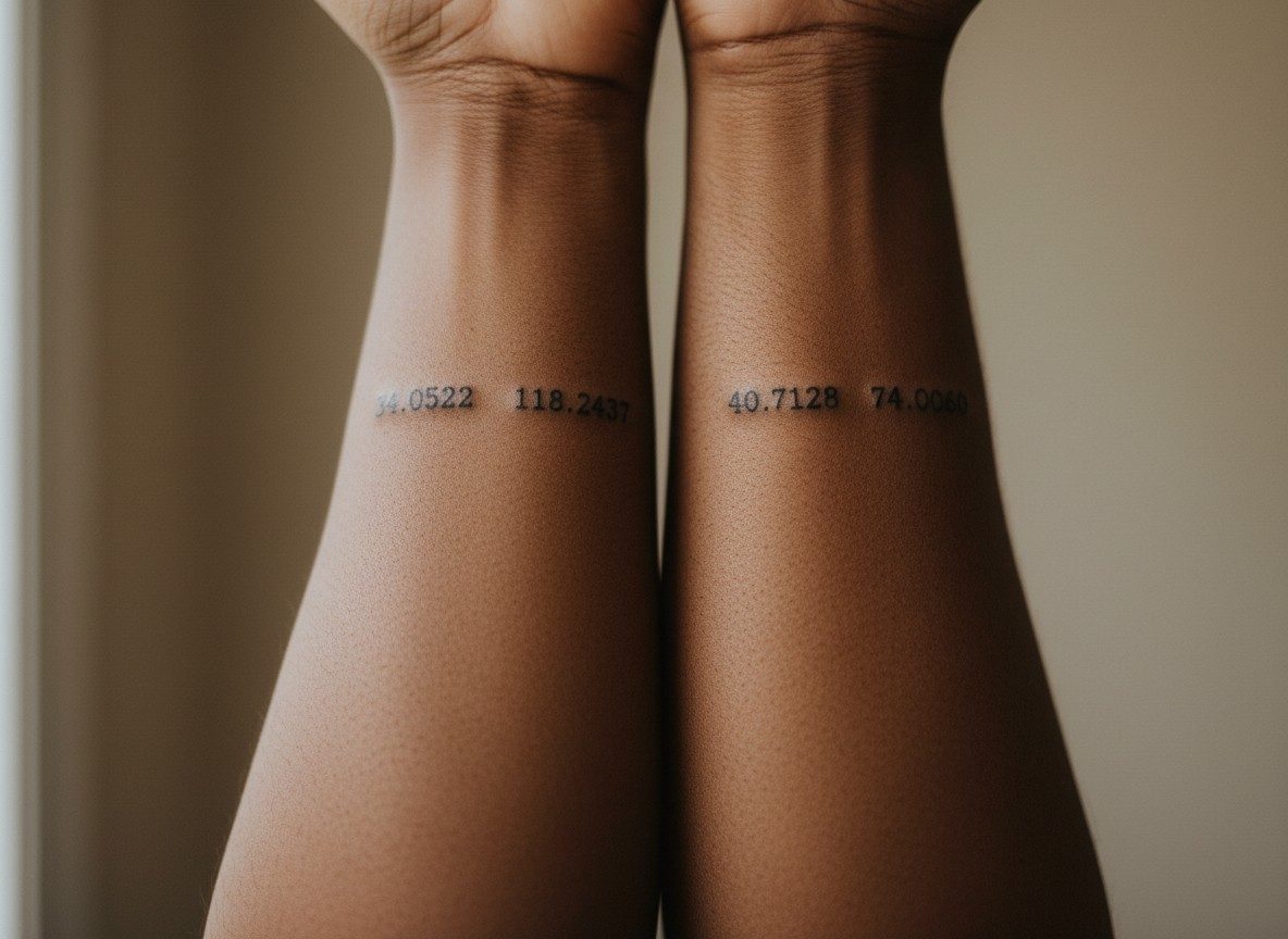 Couple tattoos: matching coordinates on the inner forearms side by side