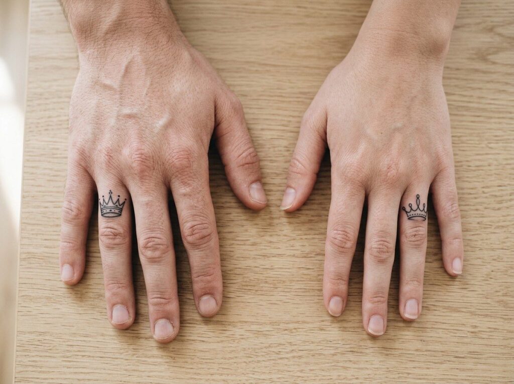 Couple tattoos: king and queen crowns on the hands side by side