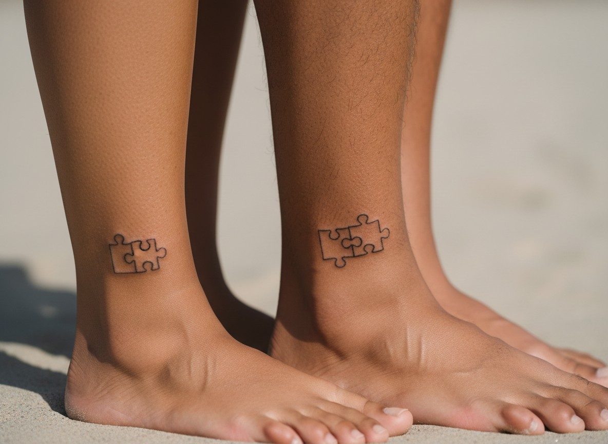 Couple tattoos: puzzle pieces on the ankles side by side
