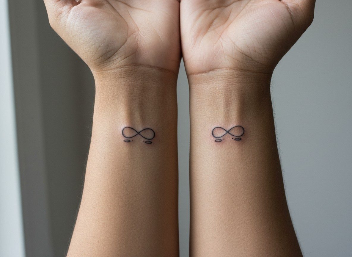 Couple tattoos: infinity with initials on the inner wrists side by side