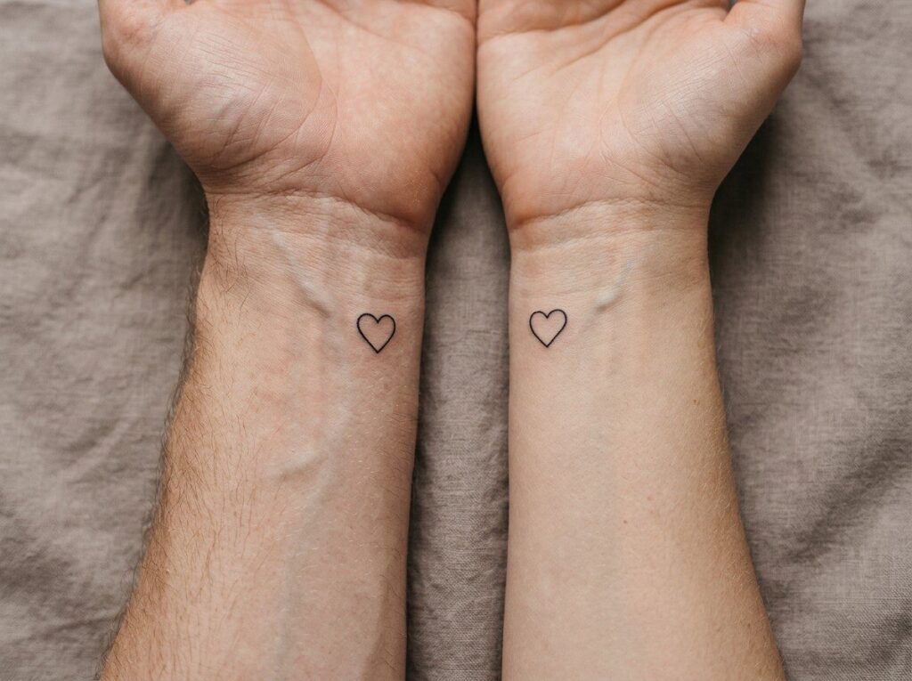Couple tattoos: matching small hearts on two wrists
