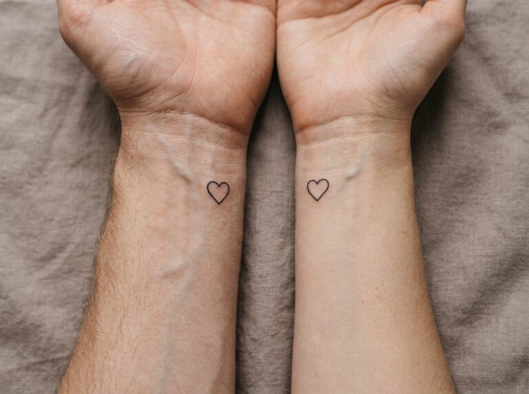 Couple tattoos: matching small hearts on two wrists