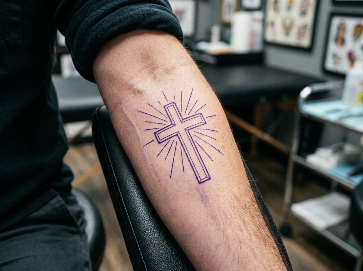 Cross with light rays tattoo stencil on a man's inner forearm