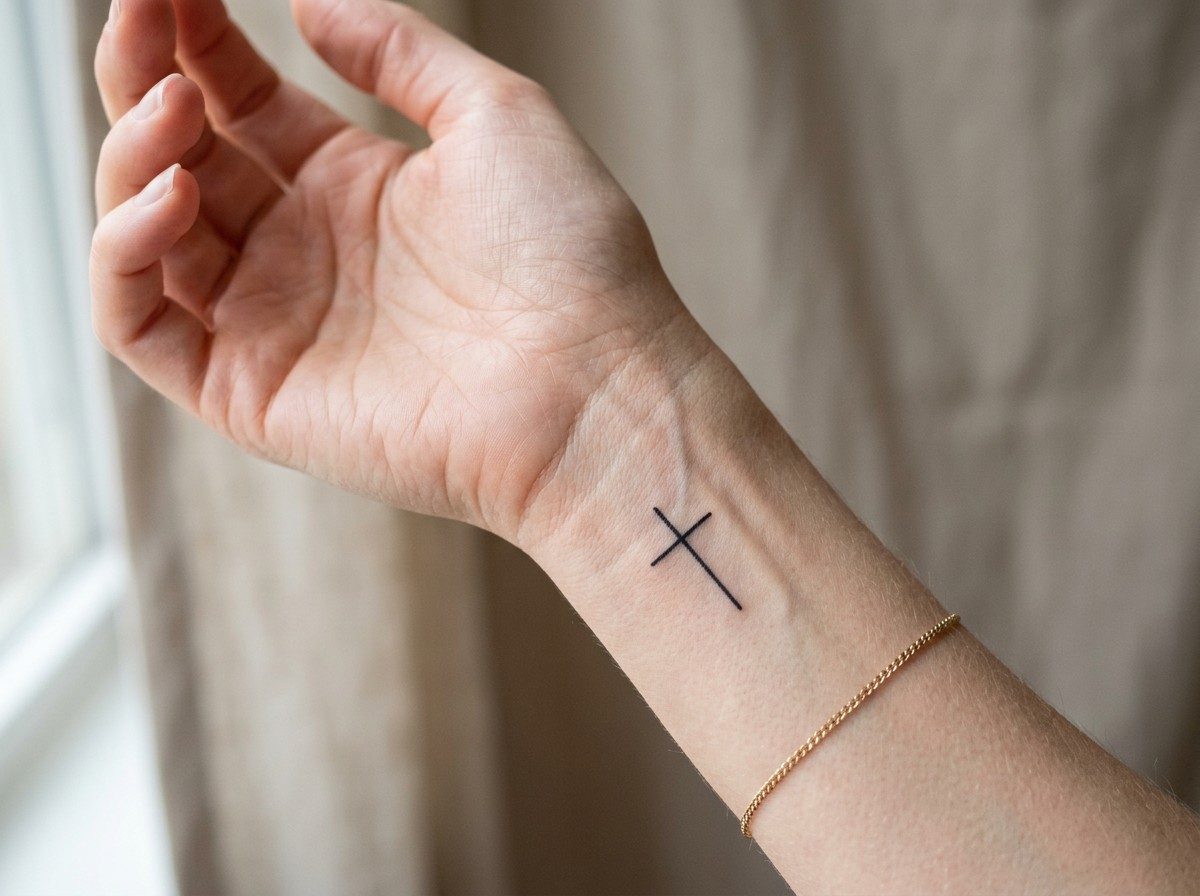 Cross tattoo: simple latin cross on the inner wrist