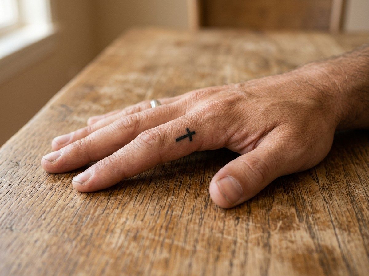 Cross tattoo: cross on the finger on the side of the index finger