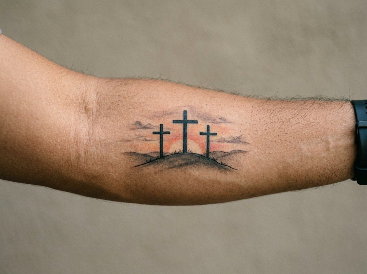 Cross tattoo: three crosses on a hill on the forearm