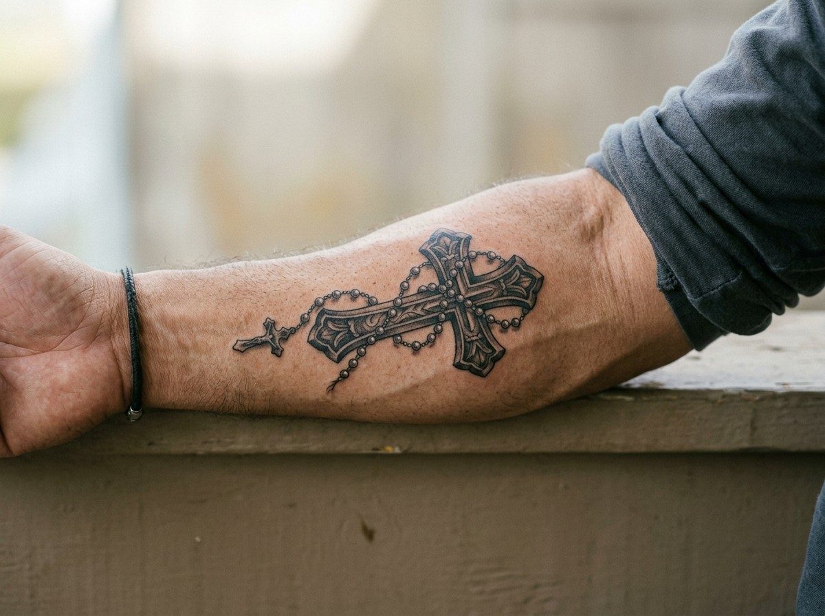 Cross tattoo: cross with rosary on the outer forearm