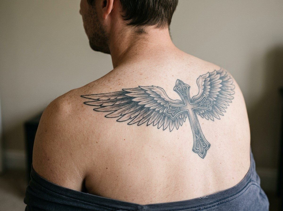 Cross tattoo: cross with angel wings on the upper back