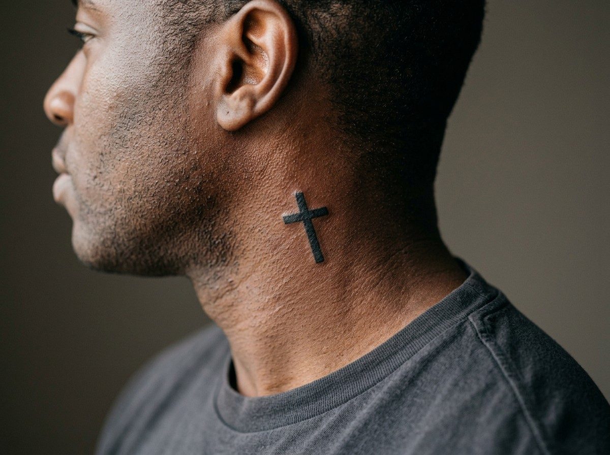 Cross tattoo: cross on the neck on the side of the neck