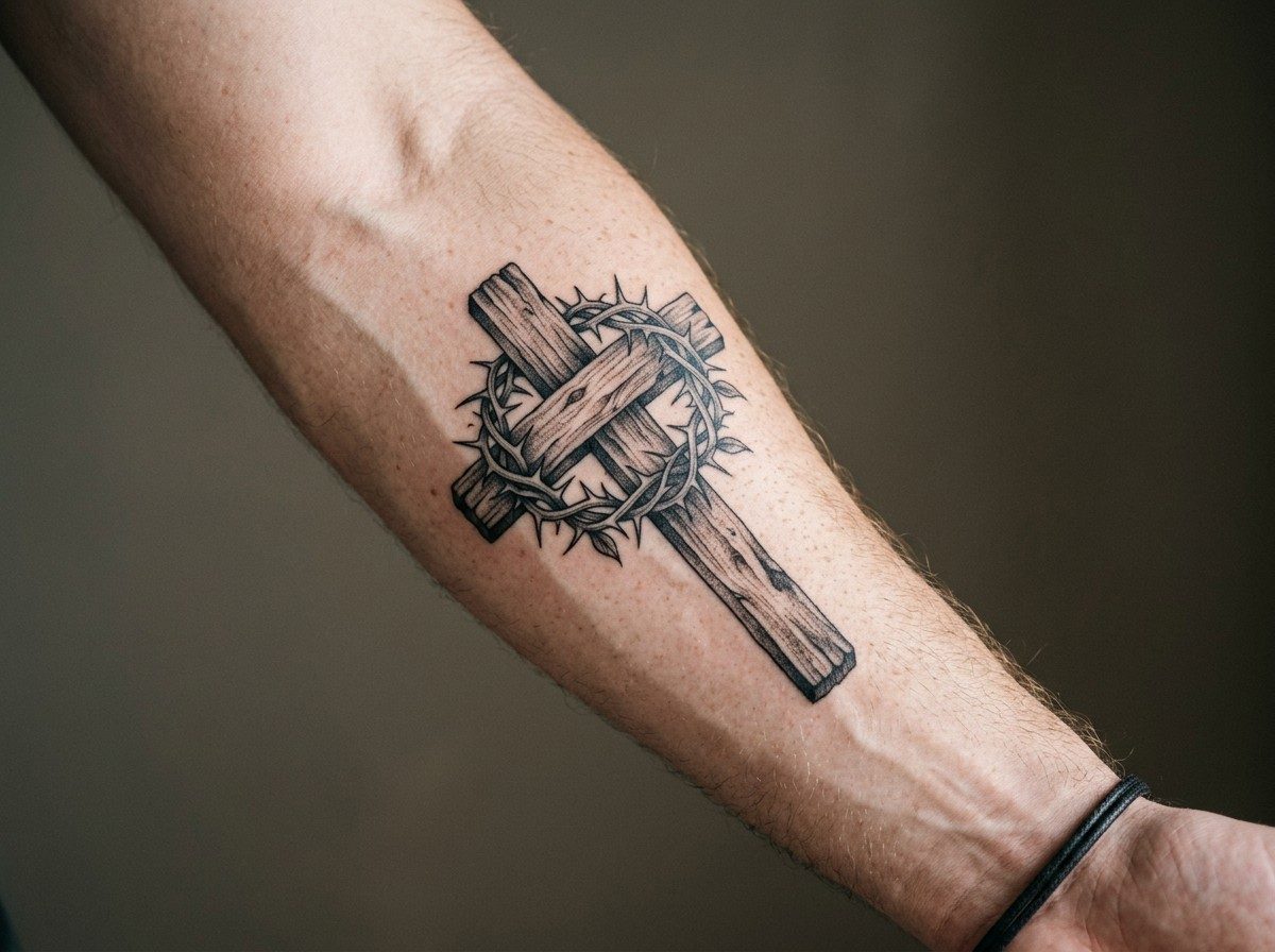Cross tattoo: cross with crown of thorns on the forearm
