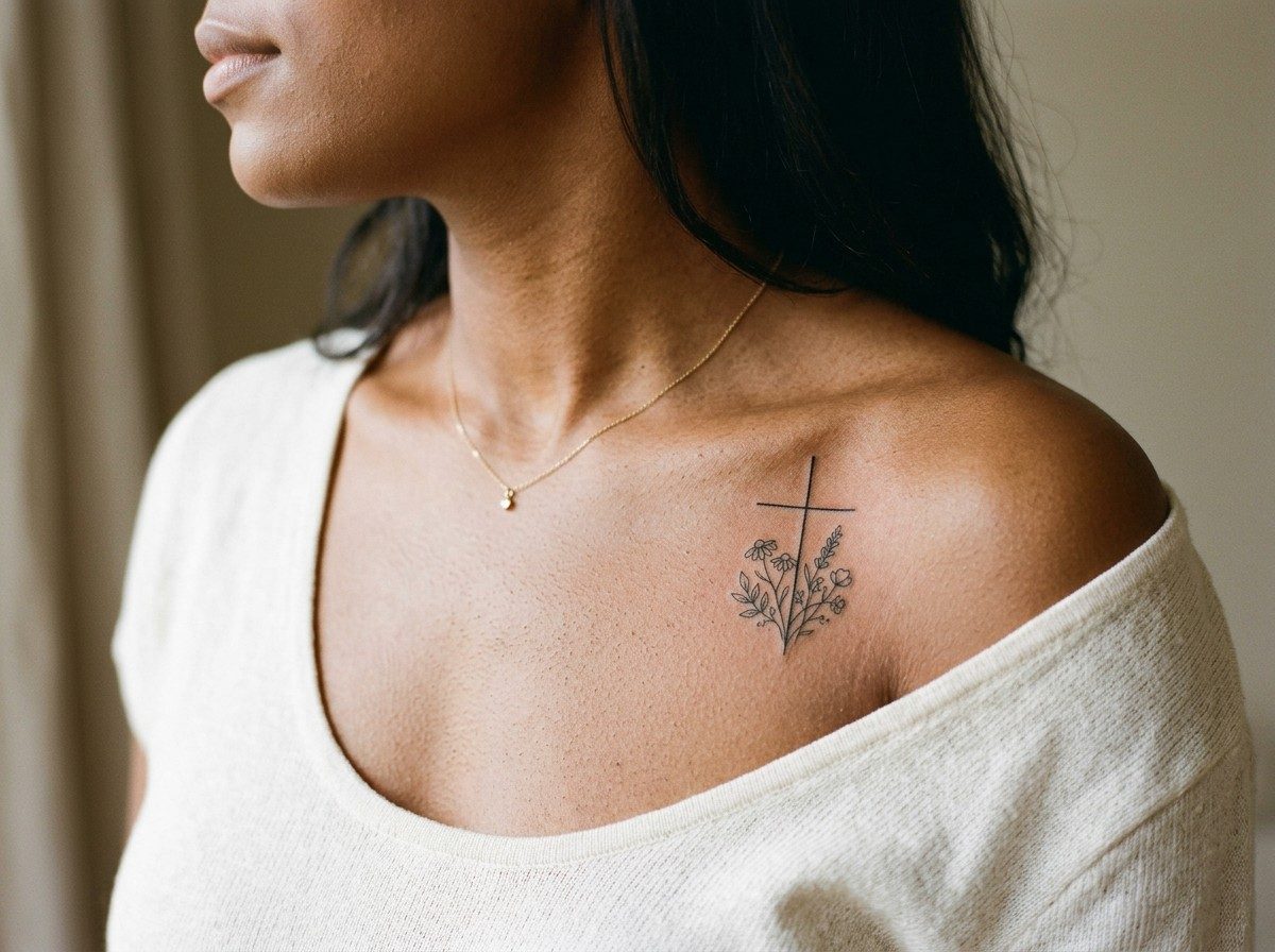 Cross tattoo: fine line cross with flowers on the collarbone