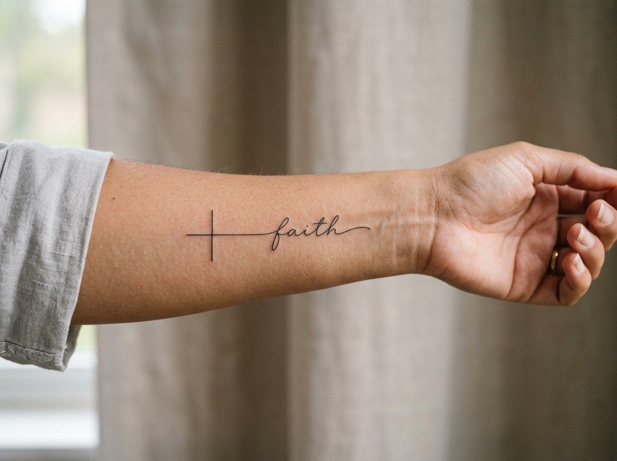 Cross tattoo: cross with bible verse on the inner forearm