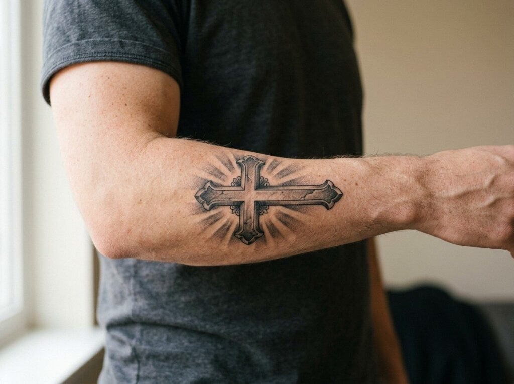 Cross tattoo: black and grey cross with light rays on the forearm