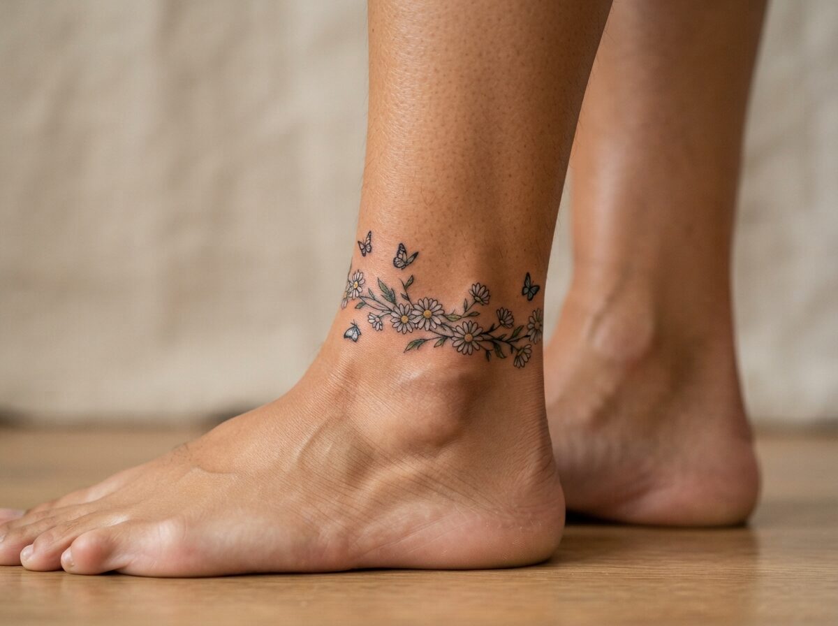 A small daisy chain with tiny butterflies wrapping around on the ankle