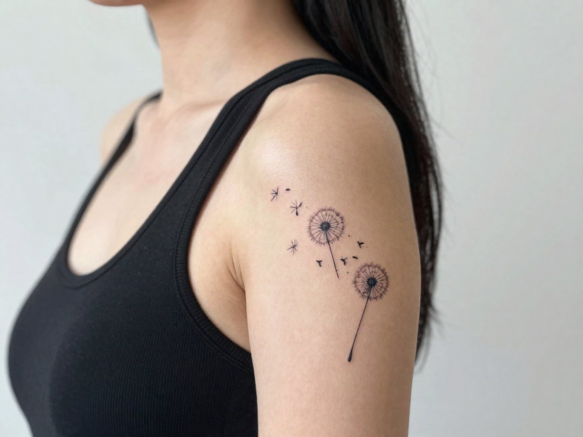 Dandelion seeds blowing away and turning into small birds tattoo on the shoulder