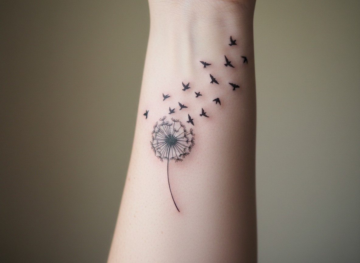 Dandelion tattoo meaning: seeds turning into birds on the inner forearm
