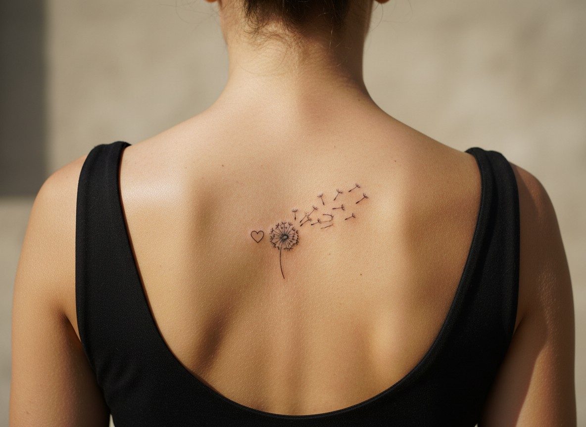 Dandelion tattoo meaning: memorial dandelion on the upper back