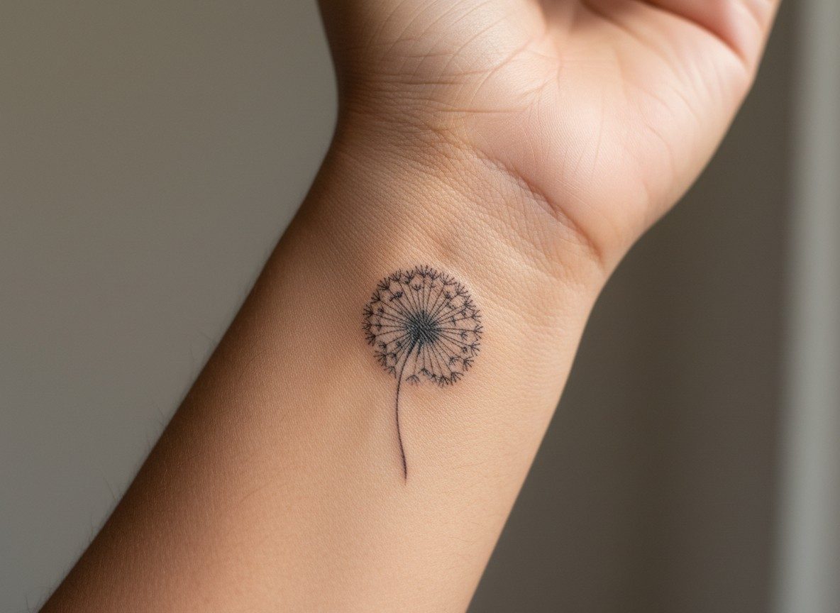 Dandelion tattoo meaning: simple dandelion puff on the inner wrist