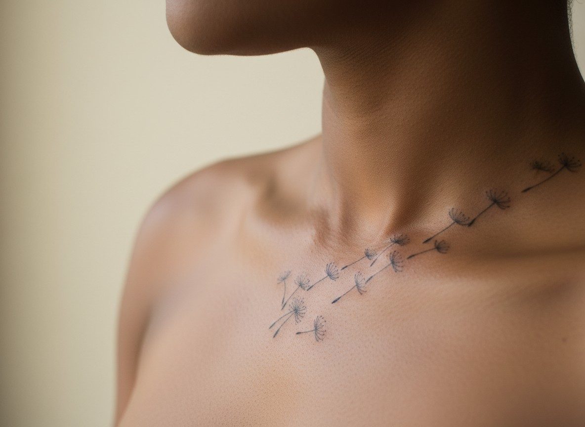 Dandelion tattoo meaning: seeds along the collarbone on the collarbone