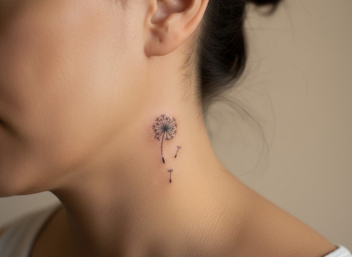 Dandelion tattoo meaning: dandelion behind the ear on the skin behind the ear