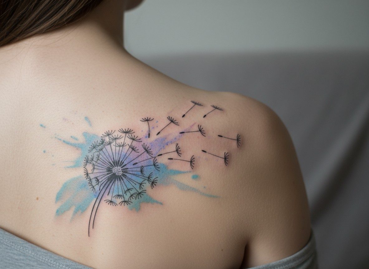 Dandelion tattoo meaning: watercolor dandelion on the shoulder blade