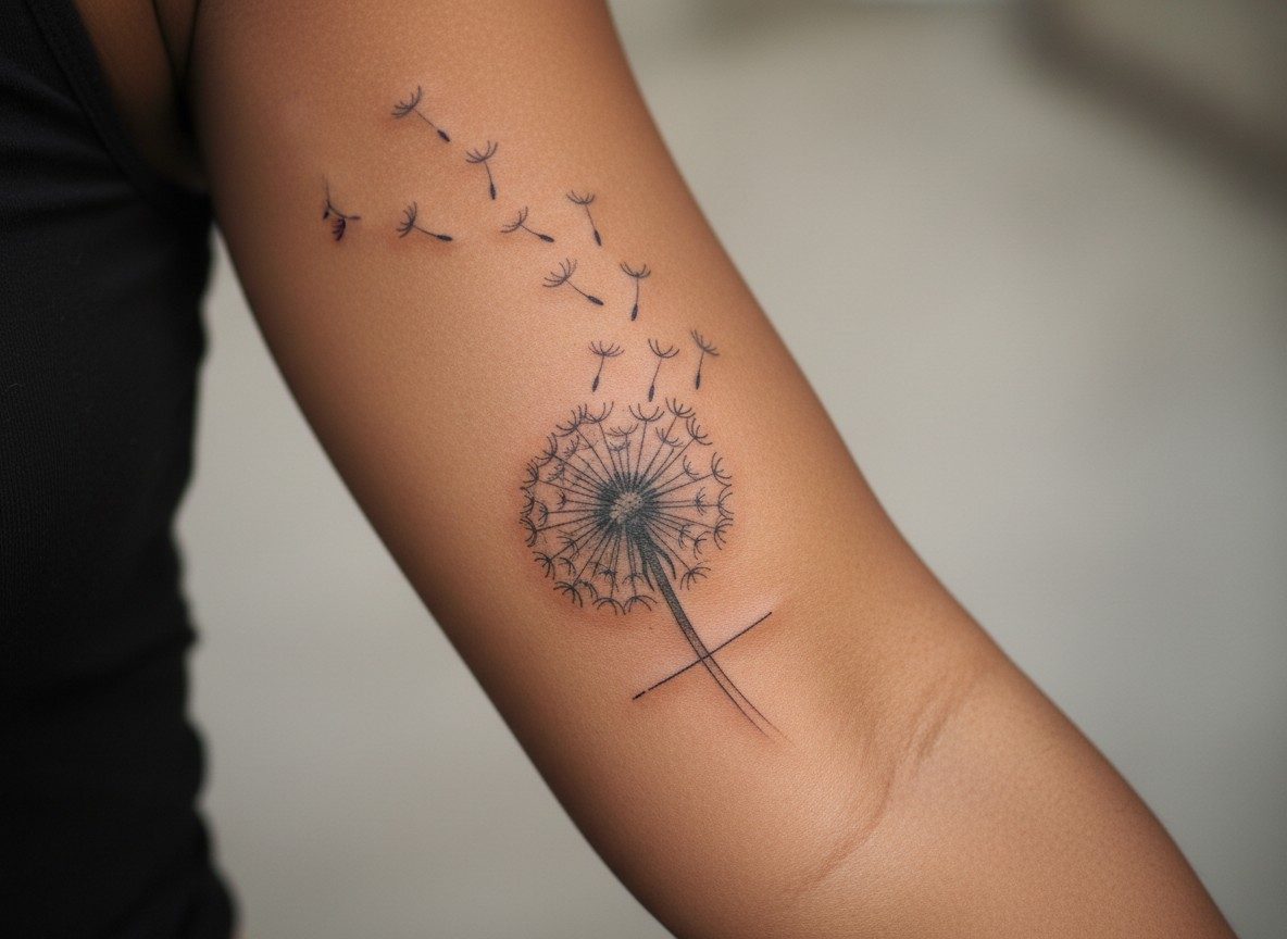 Dandelion tattoo meaning: dandelion with a word on the outer forearm