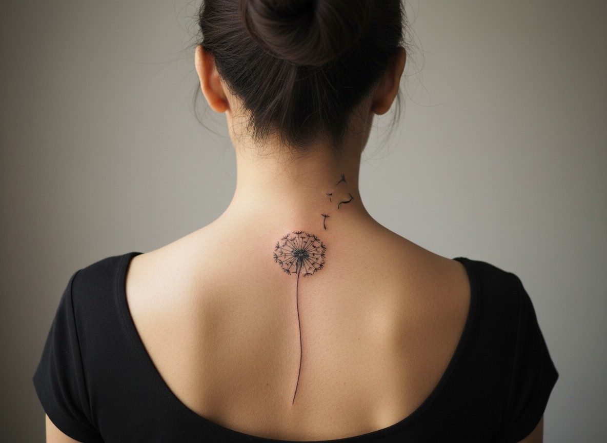 Dandelion tattoo meaning: spine dandelion on the upper spine