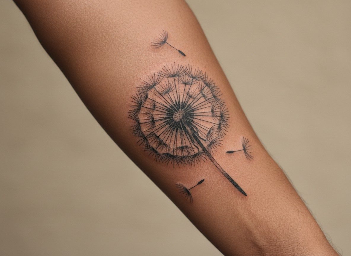 Dandelion tattoo meaning: realistic dandelion on the forearm