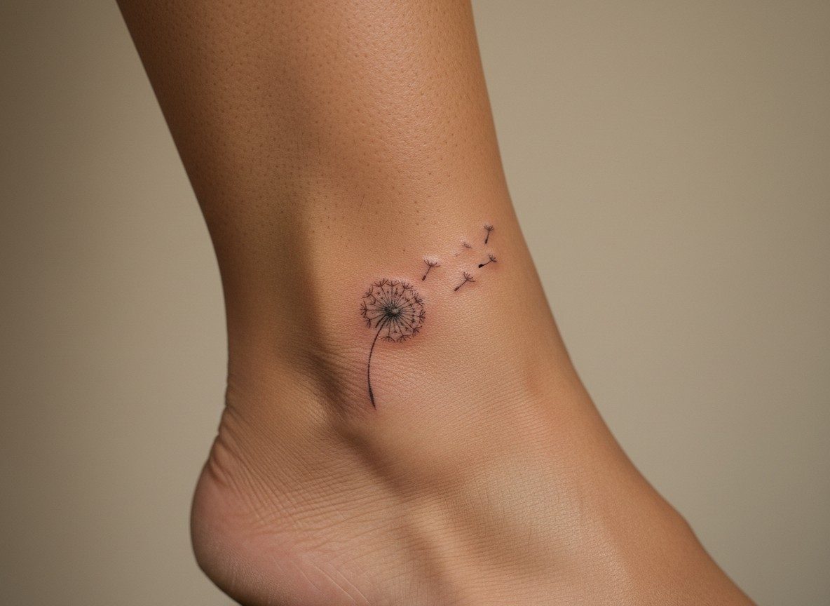 Dandelion tattoo meaning: ankle dandelion on the ankle