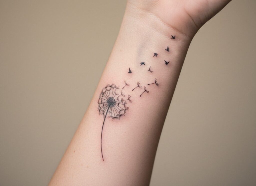 Dandelion tattoo meaning: seeds blowing into birds on the forearm