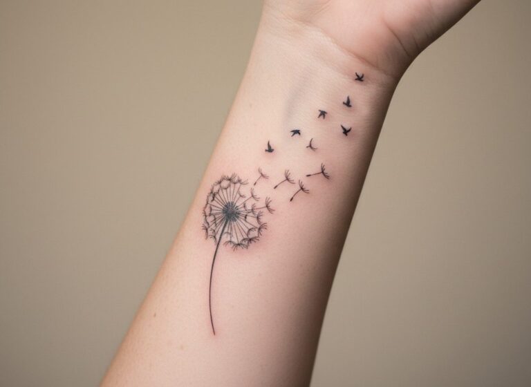 Dandelion tattoo meaning: seeds blowing into birds on the forearm