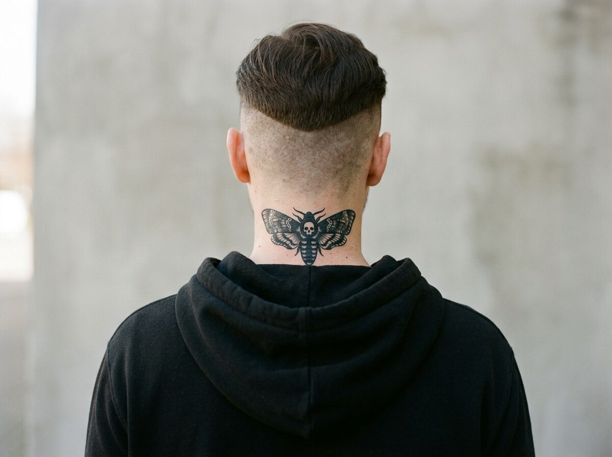 Death head moth tattoo on the back of the neck