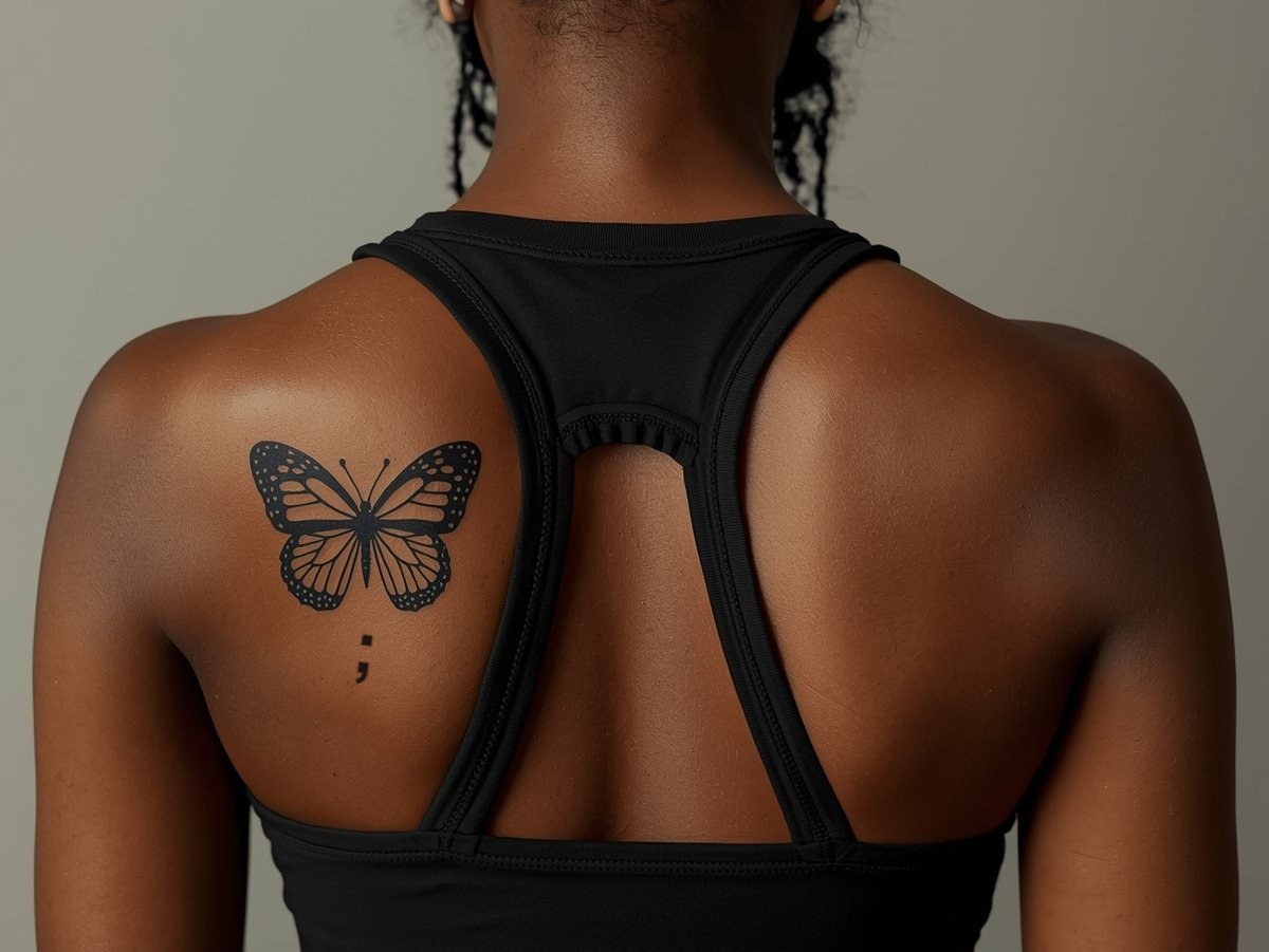 A dotwork semicolon butterfly with wings made of small dots and a bold semicolon on the back of the shoulder