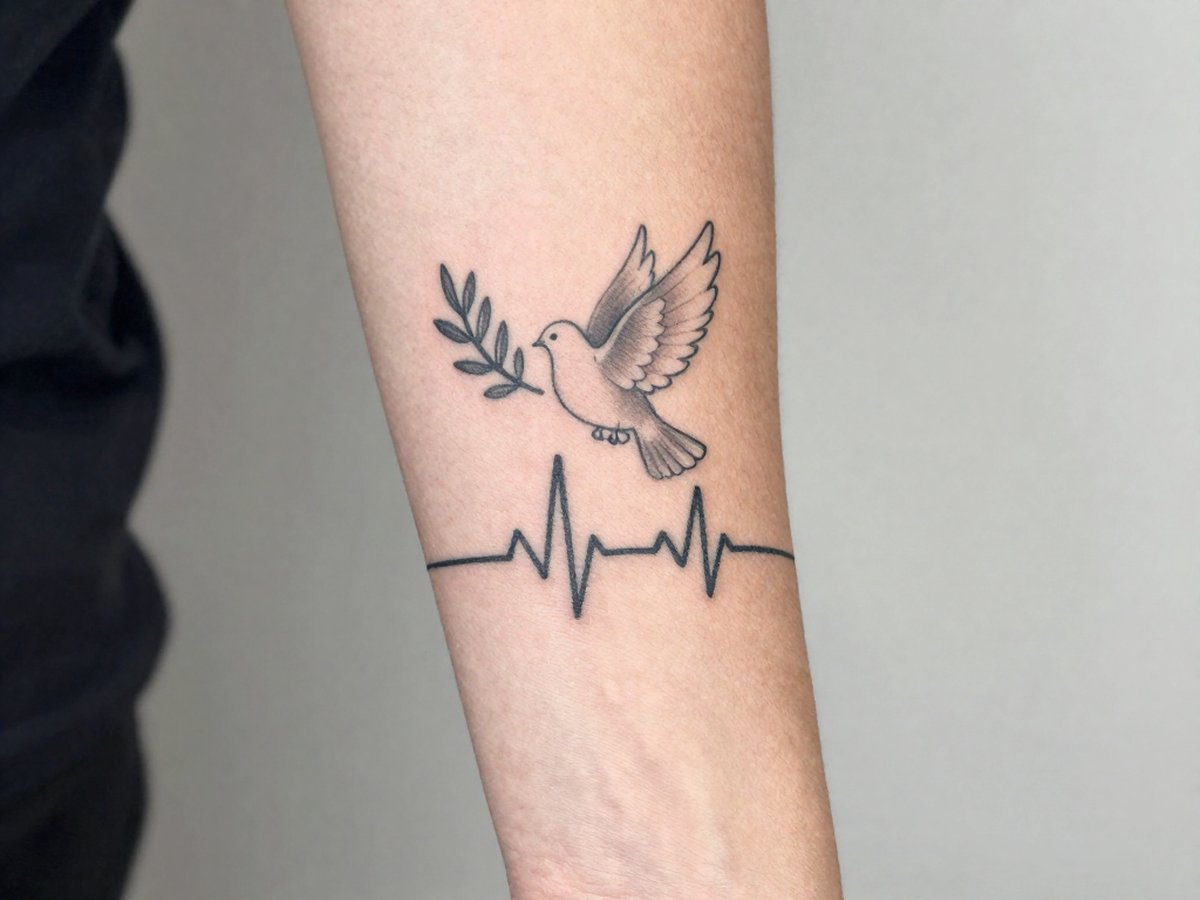 Dove with an olive branch above a heartbeat line tattoo on the inner forearm