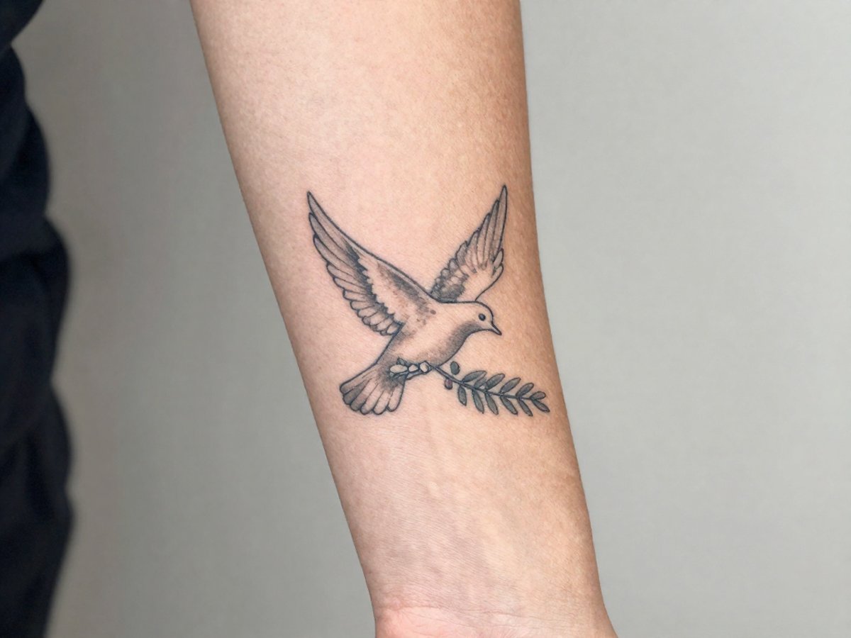Dove carrying an olive branch tattoo on the inner forearm