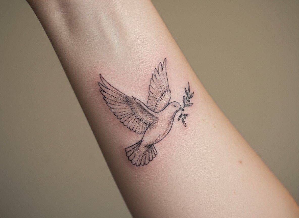 Dove tattoo: dove with an olive branch on the inner forearm