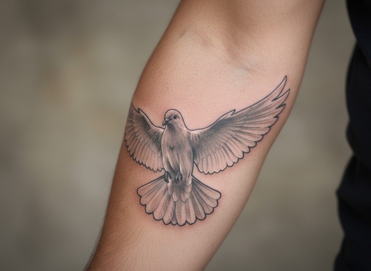 Dove tattoo: realistic dove portrait on the forearm