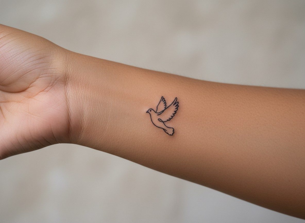 Dove tattoo: minimalist dove outline on the inner wrist