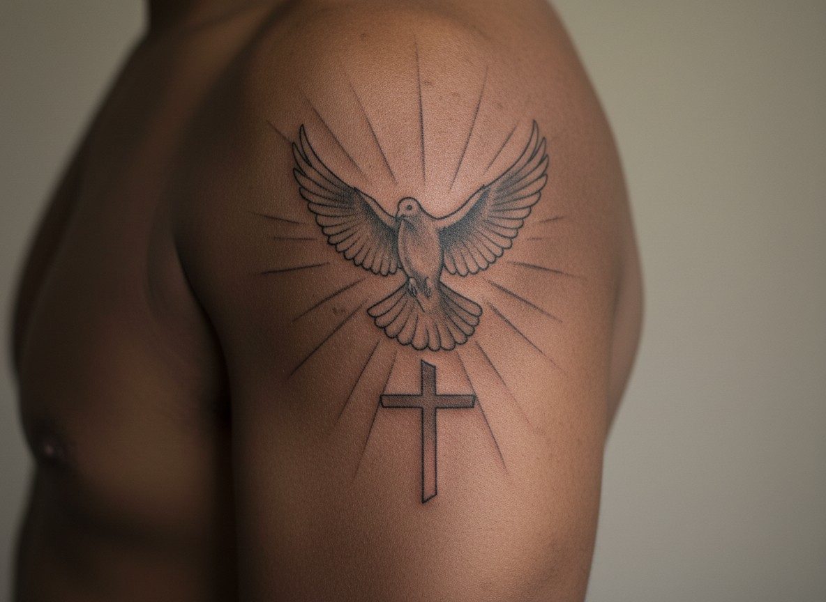 Dove tattoo: dove and cross on the upper arm