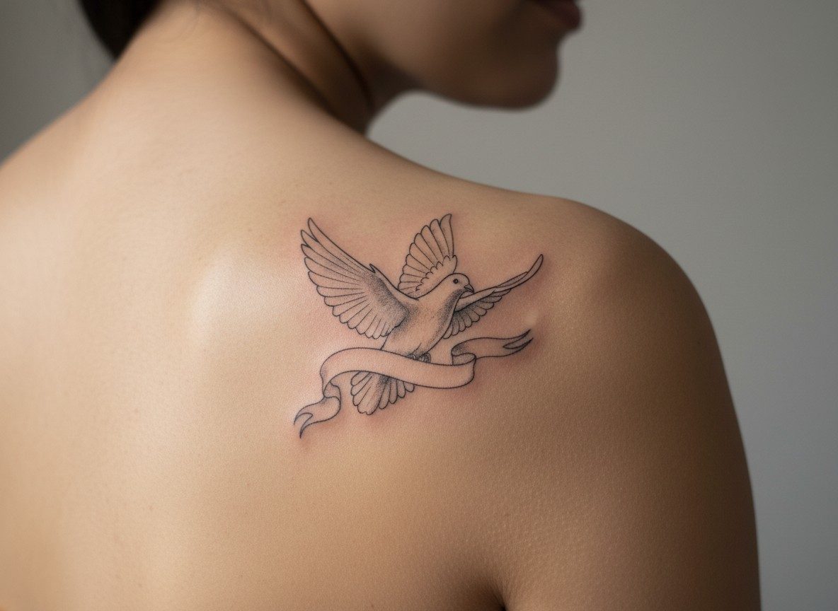 Dove tattoo: memorial dove with dates on the shoulder blade