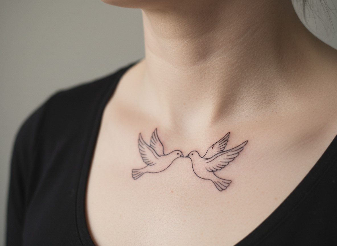Dove tattoo: two doves in love on the collarbone