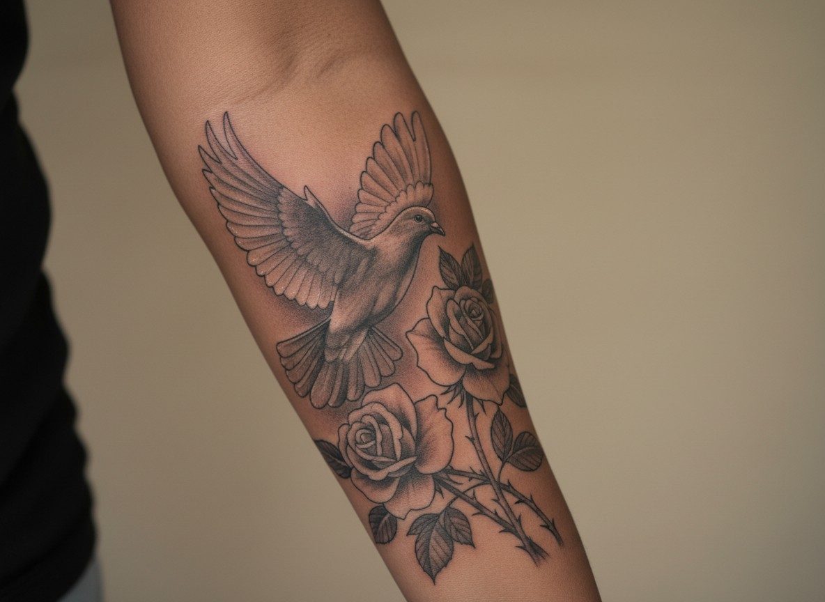 Dove tattoo: dove and roses on the outer forearm