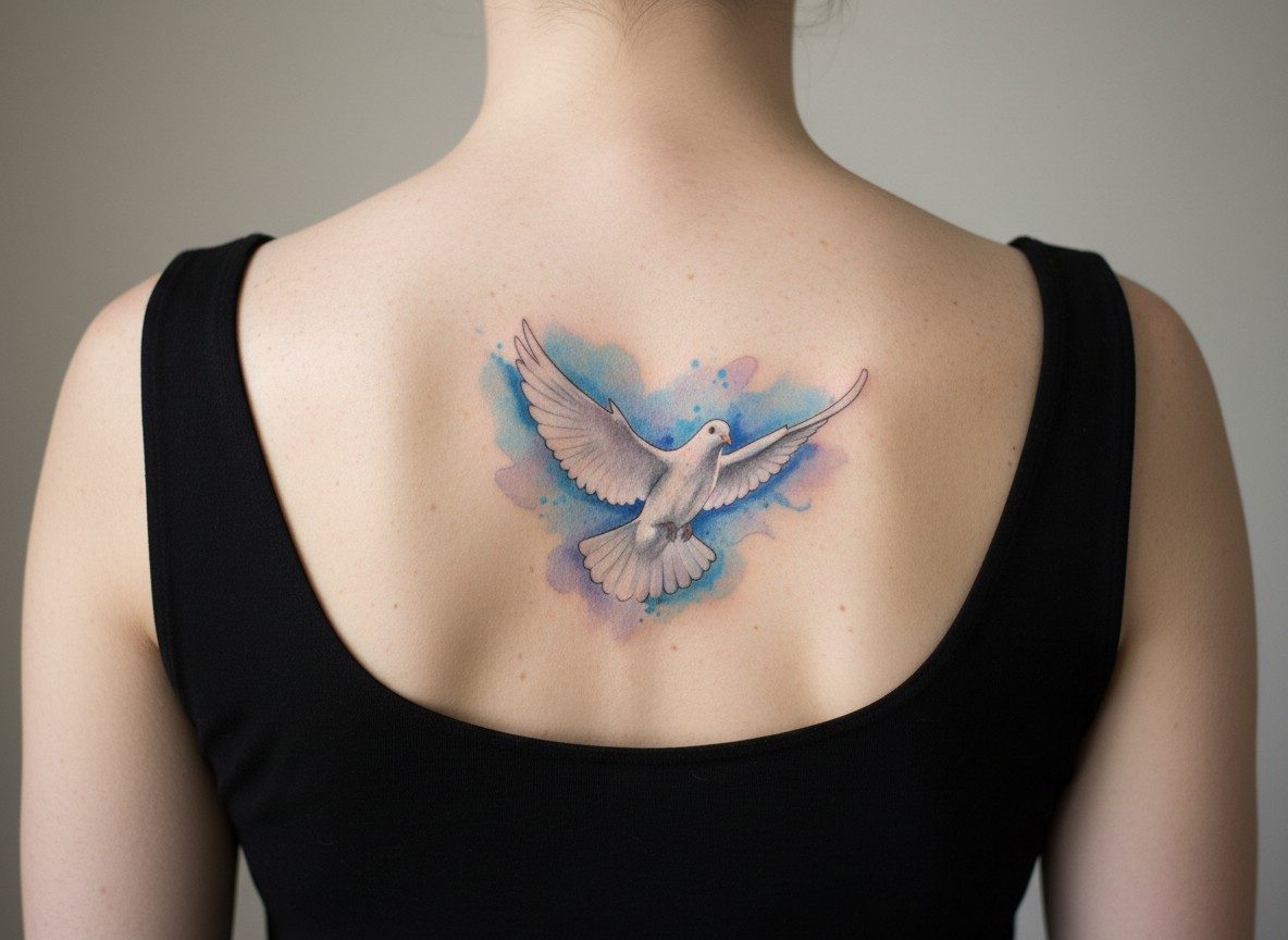 Dove tattoo: watercolor dove on the upper back