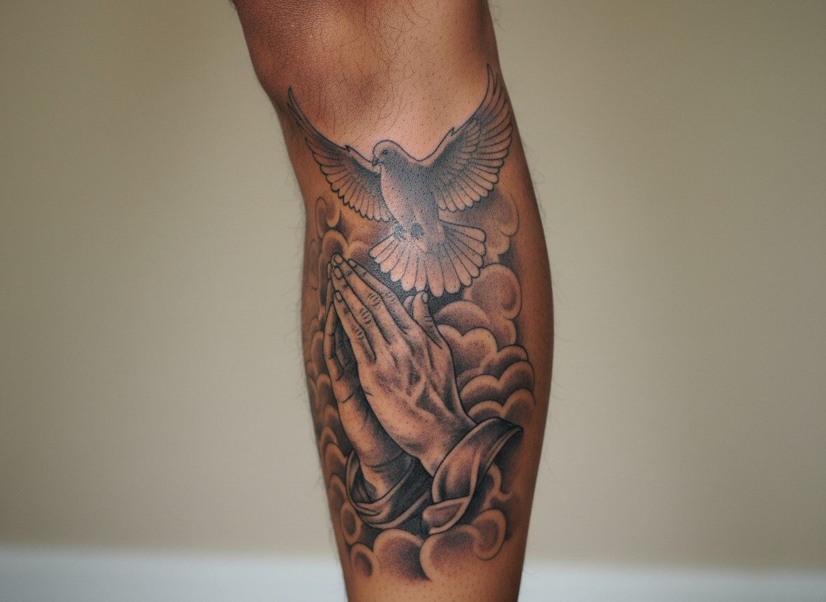 Dove tattoo: dove and hands in prayer on the calf