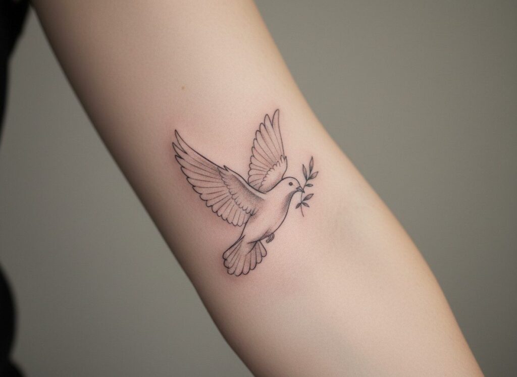 Dove tattoo: white dove carrying an olive branch on the forearm