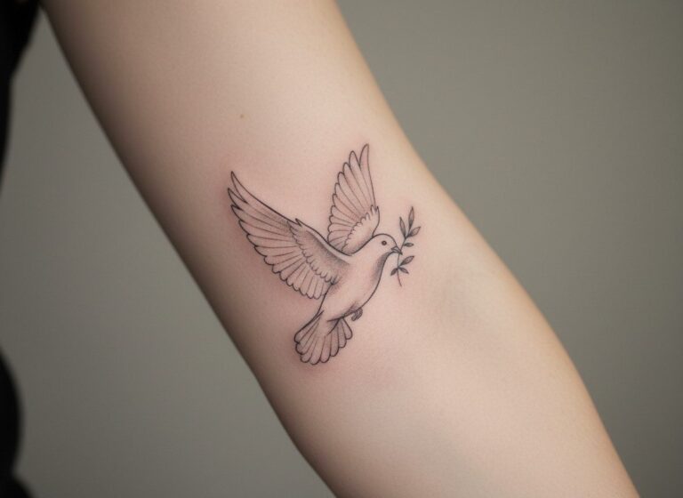 Dove tattoo: white dove carrying an olive branch on the forearm